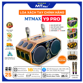 Loa Xách Tay Karaoke Bọc Da Cao Cấp MTMAX Y9 Pro Hệ Thống Bass Đôi 25, 20 Đường Tiếng, Công Suất Trên 600W, Kèm 2 Micro Không Dây Chống Rè, Hú