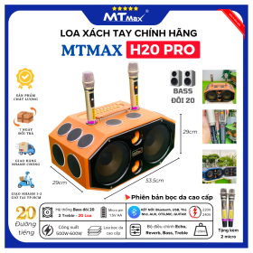Loa Xách Tay Bọc Da Cao Cấp MTMAX H20 Pro Hệ Thống Trang Bị 20 Loa, Bass Đôi 20CM,  2 Treble, Công Suất Cực Đại Từ 600W, Kèm 2 Micro Không Dây Hiện Đại