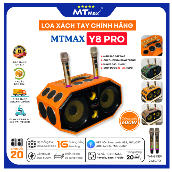 Loa Xách Tay Karaoke Bọc Da Cao Cấp MTMAX Y8 Pro Hệ Thống Bass Đôi 20, 16 Đường Tiếng Mạnh Mẽ, Tặng Kèm 2 Micro Không Dây Chống Hú, Hát Vang