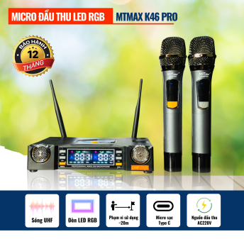 Micro Đầu Thu MTMAX K46Pro Đèn LED RGB Micro Karaoke Cao Cấp Tần Số UHF, Hút Âm Tốt, Bắt Sóng Xa Ổn Định, Chống Hú Tốt