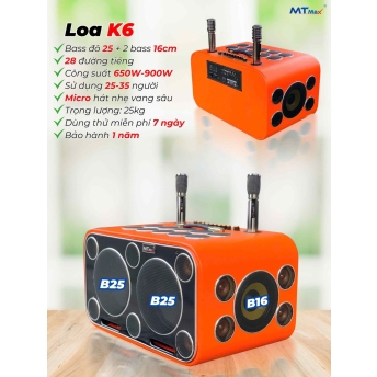 Loa Karaoke Xách Tay Cao Cấp MTMAX K6 28 Đường Tiếng, Hệ Thống Bass Đôi 25 Công Suất Mạnh Mẽ Đến 650W, Micro Không Dây Chống Hú