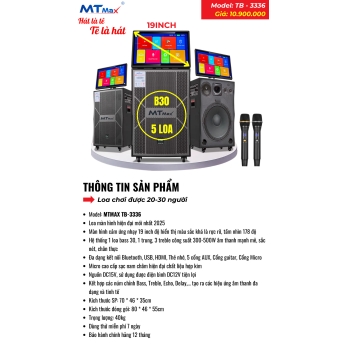Loa Màn Hình MTMAX TB3336 Bass30 Mới Nhất Đã Có Mặt Tại Việt Nam Màn Hình 19inch Góc Nhìn 178 Độ Công Suất 500W Hệ Thống 5 Loa, 3 Đường Tiếng Đi Kèm Cặp Micro Kim Loại Sang Trọng Chống Hú Cao Cấp