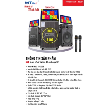 Loa Màn Hình MTMAX TB3339 Bass40 Mới Nhất Đã Có Mặt Tại Việt Nam Màn Hình 19inch Góc Nhìn 178 Độ Công Suất 600W Hệ Thống 5 Loa, 3 Đường Tiếng Đi Kèm Cặp Micro Kim Loại Sang Trọng Chống Hú Cao Cấp