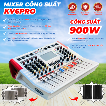 Mixer Liền Công Suất MTMAX KV6Pro Đẩy Liền Vang, Liền Mixer Công Suất 900W Màn Hình Led Hiển Thị Chi Tiết, 6 Cổng Micro, Chỉnh Equalizer, 99 Hiệu Ứng DSP Đánh Được Cặp Loa 3 Tấc Trở Xuống
