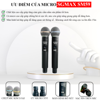 SGMax SM59- Micro Karaoke Không Dây Chính Hãng Chống Hù Rè Tốt Hỗ Trợ Nâng Giọng Hát Khi Hát Sạc Pin Trực Tiếp Trên Micro Bắt Sóng Xa Đến 15m