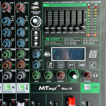 Mixer MTMAX MAX18 – 6 Dường line Tích Hợp Nguồn 48V, 99 Hiệu Ứng DSP, Hát Livestream, Thu Âm, Karaoke Với Dàn Âm Thanh Gia Đình